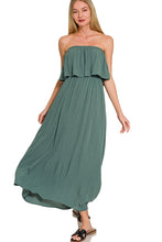 Load image into Gallery viewer, Woven Crinkle Strapless Maxi Dress — 100% rayon, soft flowing drape, floor-sweeping length