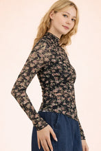 Load image into Gallery viewer, Black Floral Mesh Mock Neck Top - side view