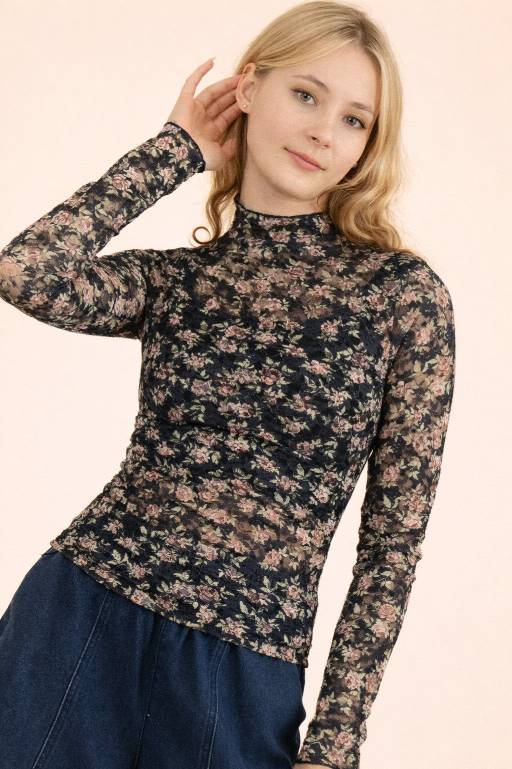 Black Floral Mesh Mock Neck Long Sleeve Top | Lavender Vine