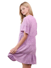 Load image into Gallery viewer, Mineral Washed Split Neck Baby Bell Sleeve Woven Mini Dress