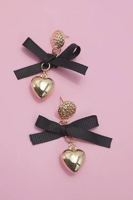 Gold Heart Bow Ribbon Drop Earrings