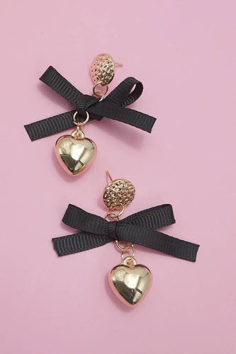 Gold Heart Bow Ribbon Drop Earrings