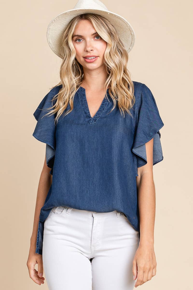 Dark Denim Chambray Flutter Sleeve Top