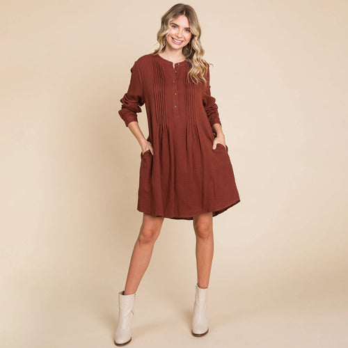 Long Sleeve Double Gauze Henley Tunic Cotton Dress