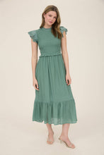 Load image into Gallery viewer, Smocked Eyelet Trim Ruffle Detail Midi Dress