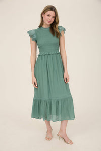 Smocked Eyelet Trim Ruffle Detail Midi Dress
