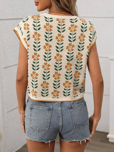 Retro Floral Knit Crop Top Short Sleeve Vintage Pullover