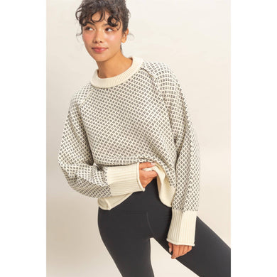 Cream & Black Patterned Mock Neck Sweater
