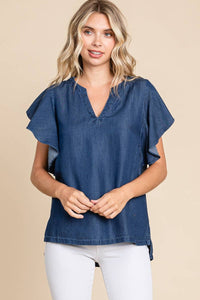 Dark Denim Chambray Flutter Sleeve Top