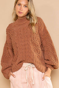 POL Mock Neck Balloon Sleeve Cable Knit Pullover Sweater