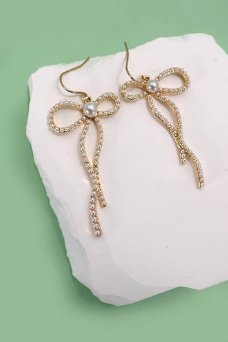 Pearl Embellished Bow Drop Earrings