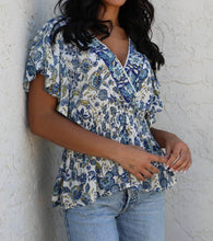 Load image into Gallery viewer, V-Neck Ruffle Sleeve Top With Smocked Waist