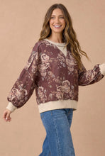Load image into Gallery viewer, Brown &amp; Oatmeal Color Block Floral Pullover Knit Top