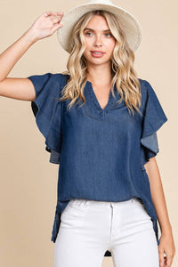 Dark Denim Chambray Flutter Sleeve Top