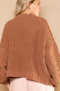 POL Mock Neck Balloon Sleeve Cable Knit Pullover Sweater