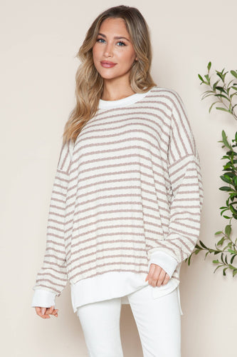 Side Slit Bubble Cotton Stripe Tunic Sweatshirt