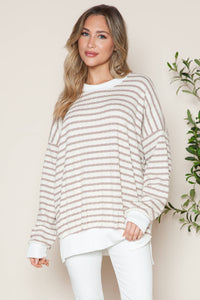 Side Slit Bubble Cotton Stripe Tunic Sweatshirt