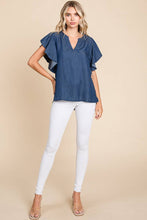 Load image into Gallery viewer, Dark Denim Chambray Flutter Sleeve Top