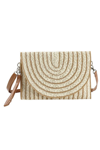 Beige Striped Two Tone Straw Clutch And Crossbody