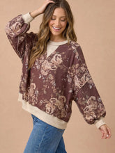 Load image into Gallery viewer, Brown &amp; Oatmeal Color Block Floral Pullover Knit Top