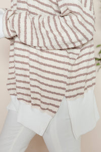 Side Slit Bubble Cotton Stripe Tunic Sweatshirt