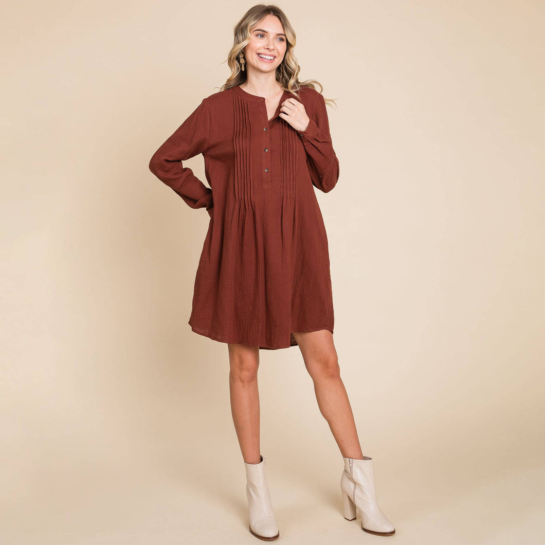 Long Sleeve Double Gauze Henley Tunic Cotton Dress