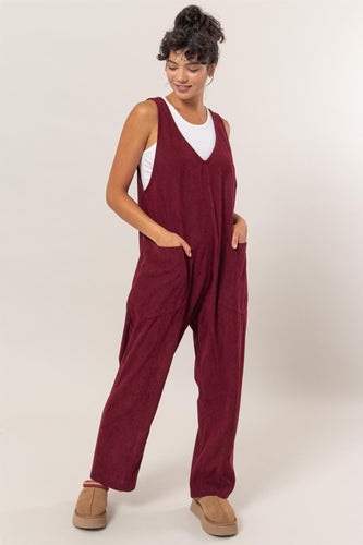 Wine Corduroy Relaxed Fit Jumpsuit