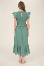 Load image into Gallery viewer, Smocked Eyelet Trim Ruffle Detail Midi Dress