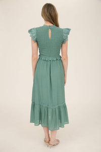Smocked Eyelet Trim Ruffle Detail Midi Dress