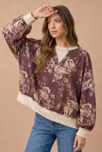 Load image into Gallery viewer, Brown &amp; Oatmeal Color Block Floral Pullover Knit Top