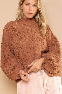 POL Mock Neck Balloon Sleeve Cable Knit Pullover Sweater