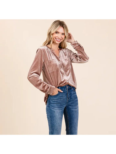 Taupe Velvet Button Down Top