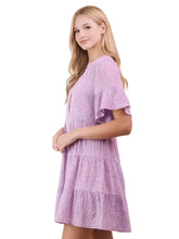 Load image into Gallery viewer, Mineral Washed Split Neck Baby Bell Sleeve Woven Mini Dress