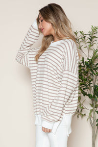 Side Slit Bubble Cotton Stripe Tunic Sweatshirt