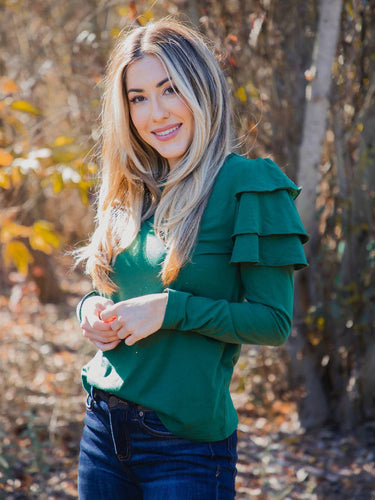 Jade Green Ruffle Shoulder Long Sleeve Top