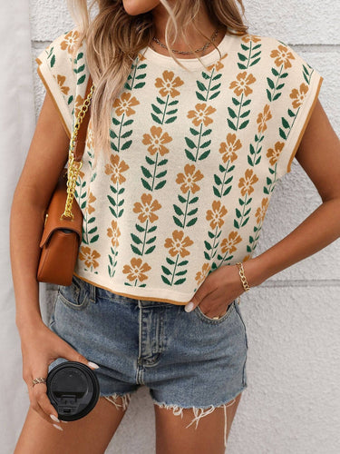 Retro Floral Knit Crop Top Short Sleeve Vintage Pullover