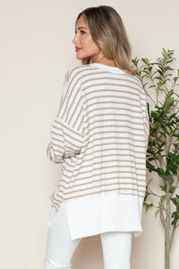 Side Slit Bubble Cotton Stripe Tunic Sweatshirt