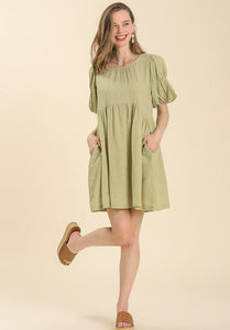 Sage Baby Doll Puff Sleeve Dress