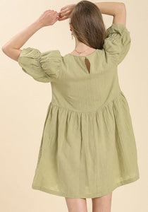 Sage Baby Doll Puff Sleeve Dress