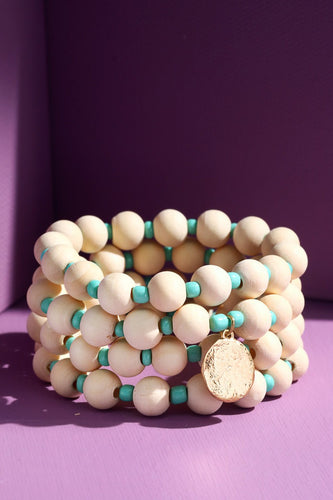Wood Bead Bracelet With Mint Accents