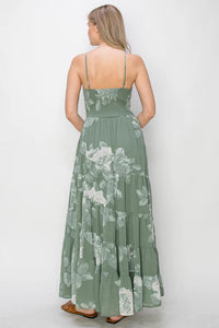 Tiered Sage Floral Print Maxi Dress