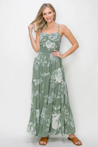 Tiered Sage Floral Print Maxi Dress