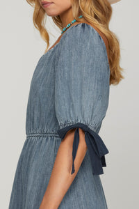 Washed Denim Tiered Midi Dress