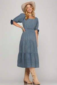 Washed Denim Tiered Midi Dress