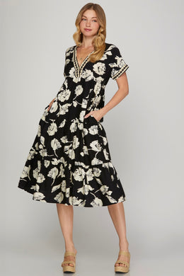 Black & Cream Tiered Midi Dress