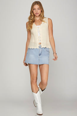 Cream Crochet Knit Front Tie Sweater