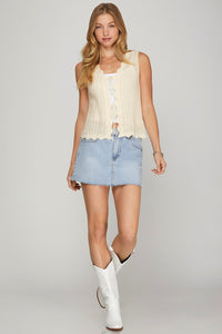 Cream Crochet Knit Front Tie Sweater