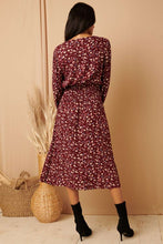 Load image into Gallery viewer, V-Neck Wine Floral Midi Wrap Dress