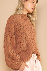 POL Mock Neck Balloon Sleeve Cable Knit Pullover Sweater