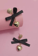 Load image into Gallery viewer, Gold Heart Bow Ribbon Drop Earrings